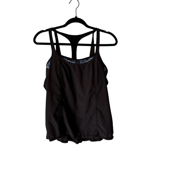 Prana Tank Top Womens Small Black Racerback Blue Print Shelf Bra‎ Yoga Athletic - Picture 1 of 9